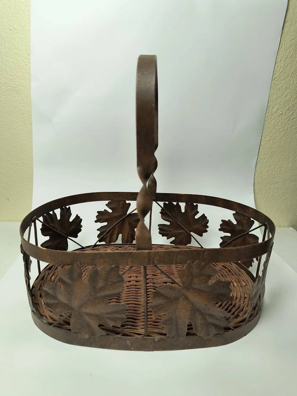 Rustic Brown Leaf Metal Basket with Handle - Farmhouse Centerpiece